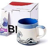 BICETTO Handmade 15oz Japanese Ukiyo-e Large Ceramic Coffee Mug, Artistic Pottery Big Tea Cup for Office & Home, Microwave & Dishwasher Safe (Great Wave)
