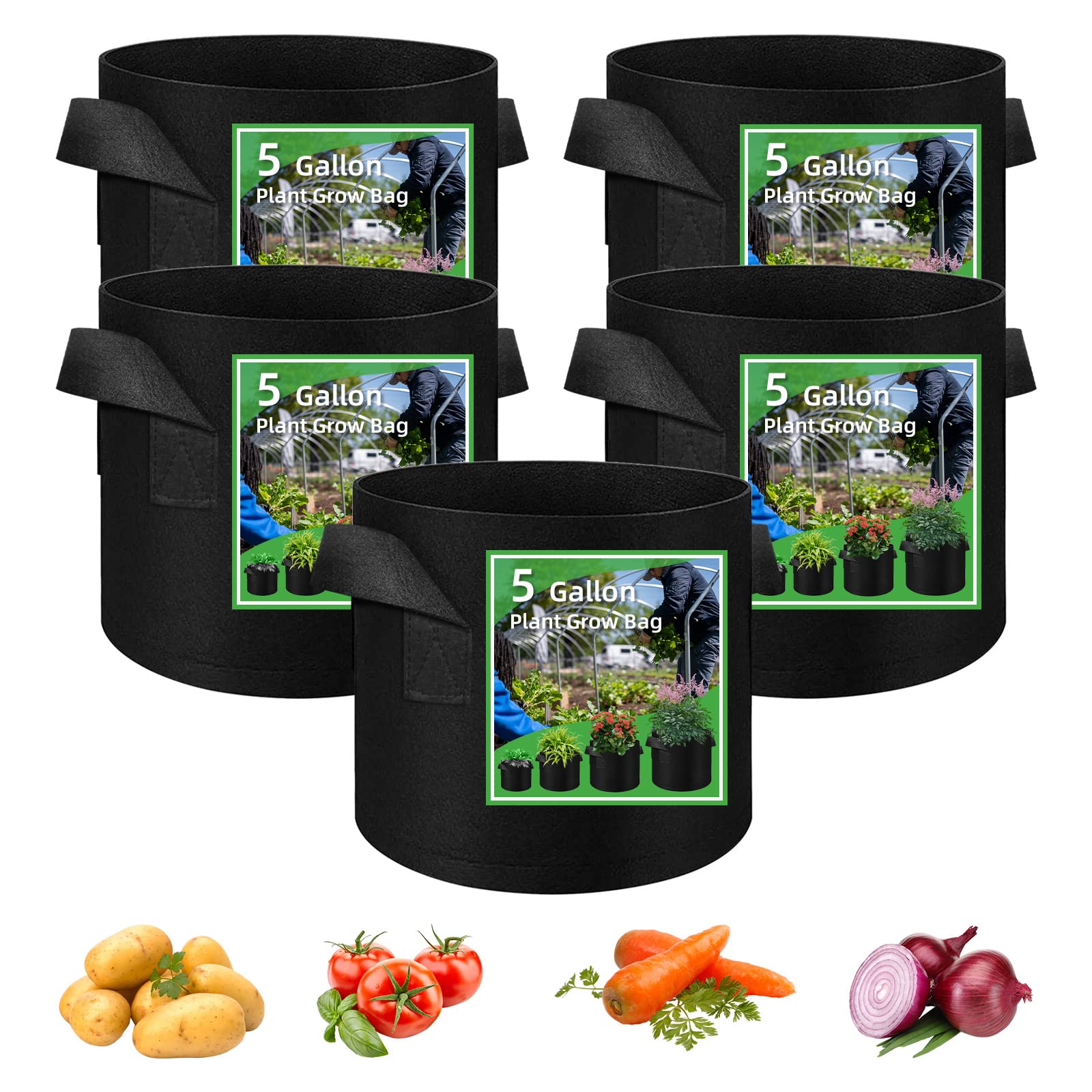 5 Pack Vegetable Grow Bags, Gardening Plant Growing Bags Breathable Non-woven Fabric Plant Pots with Handles Indoor & Outdoor Grow Containers for Vegetable/Flower/Plant/Fruits, 5 Gallon(Black)