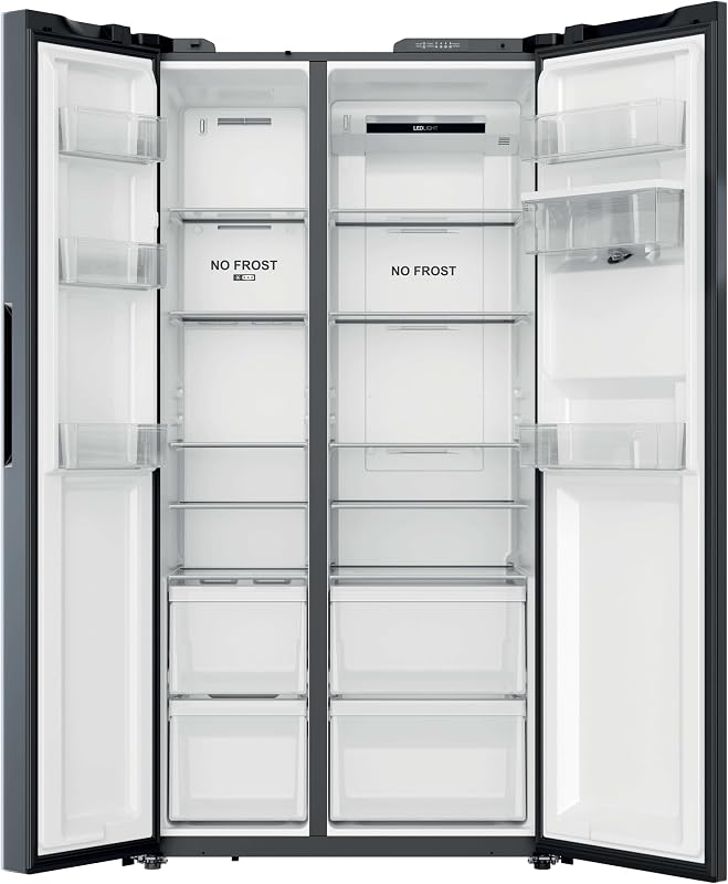 CNSQ2T918EWX, frigorífico lado a lado, 91cm de largura, capacidade de 523L, motor inversor, total sem gelo, dispensador de água, 2 gavetas para legumes, controlo digital interno, iluminação LED, 37DB, Inox