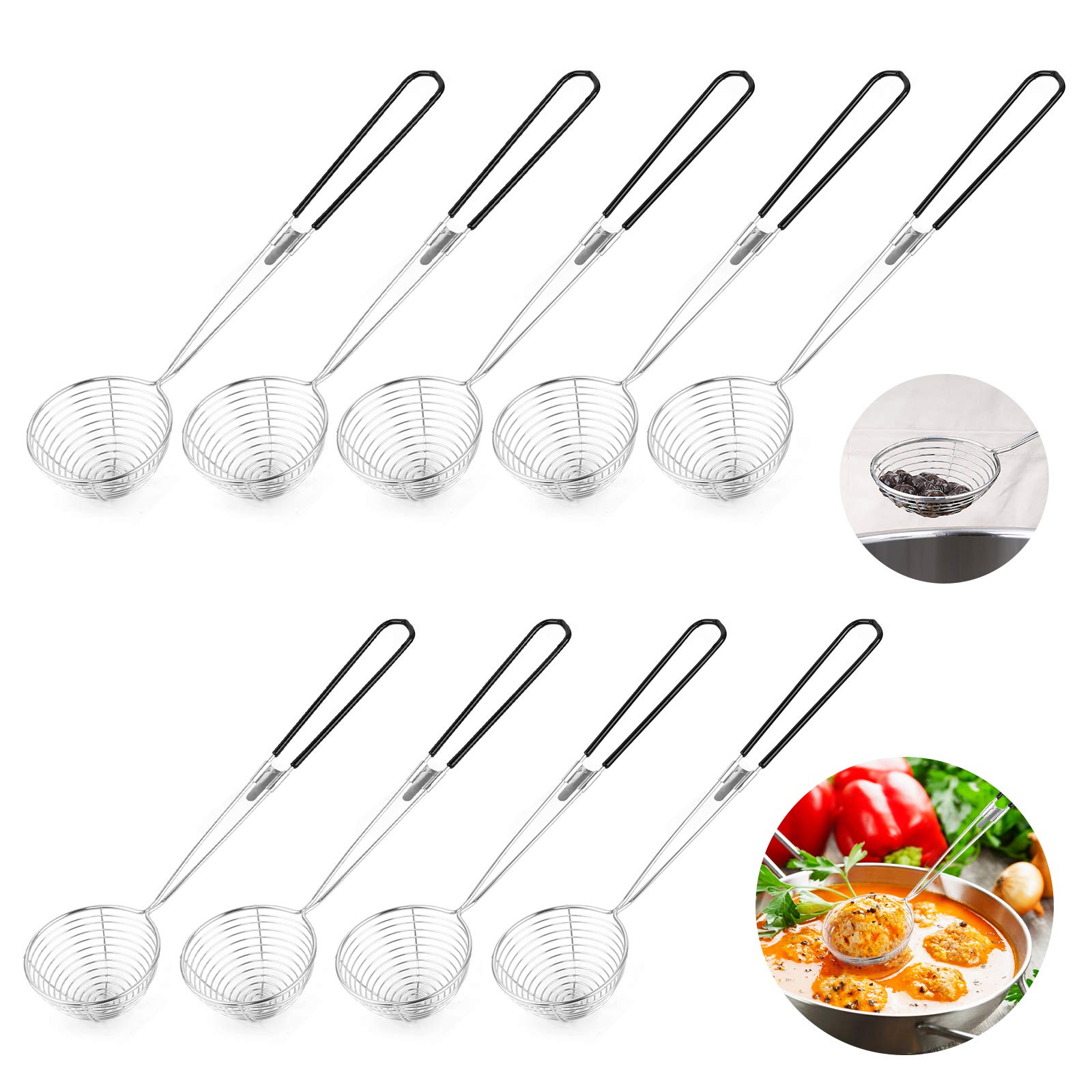 9 Pcs Stainless Steel Spider Strainer Spoon, Kitchen Wire Skimmer Spoon with Handle, Small Spider Skimmer Ladle, Ergonomic Strainer Ladle for Hot Pot, Tortellini and Meatball