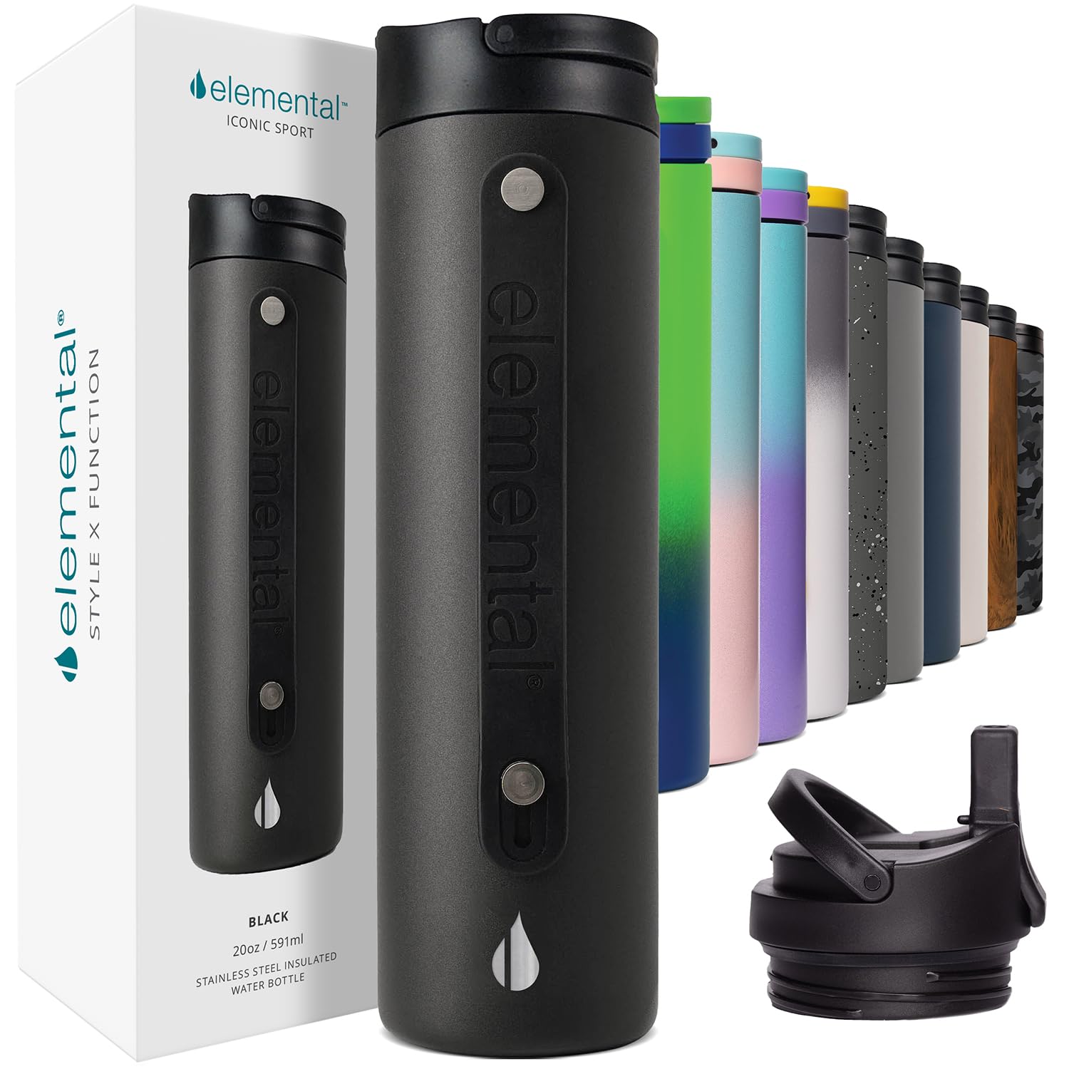 Photo 1 of Elemental Iconic Stainless Steel Water Bottle with Straw - 20 oz Leak Proof Triple Wall Insulated Water Bottles for Travel and Sports - Reusable Gym Water Bottle with 2 Straws - Black