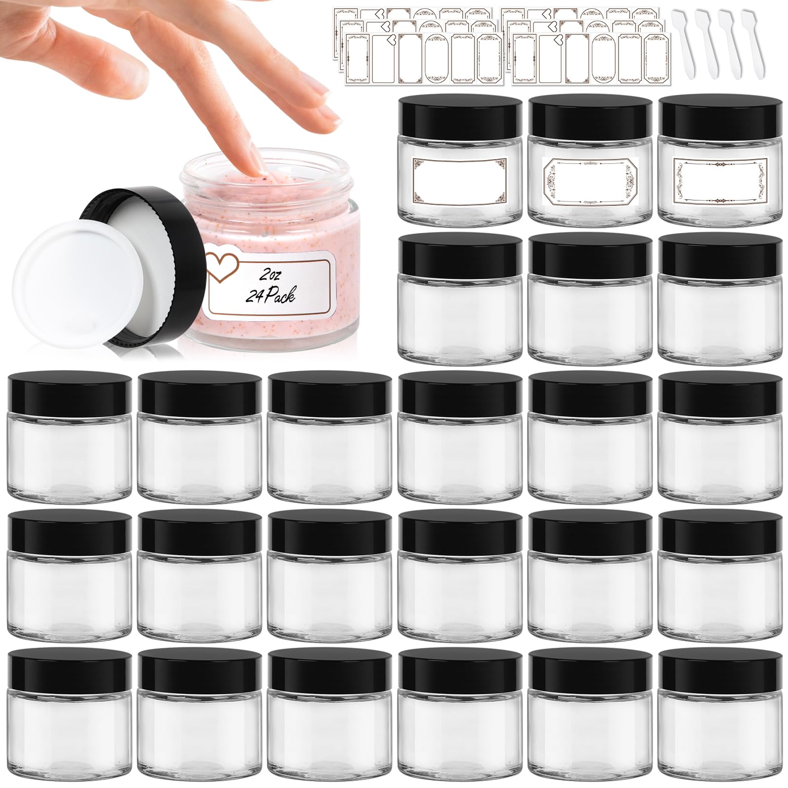 Photo 1 of 2 oz Clear Glass Jars with Lids 24Pack, Small Jars with Inner Liners for Sample, Powder, Cream, Lotion and Ointments with Stickers & Spatulas Included