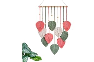 TUDRUKU Macrame Wall Hanging Nursery Decor Leaves Woven Tapestry Feather Handmade Yarn Tassels Boho Wall Decor Leaves Art Decorations for Nursery Bedroom Living Room Apartment Home Backdrop (Pink)