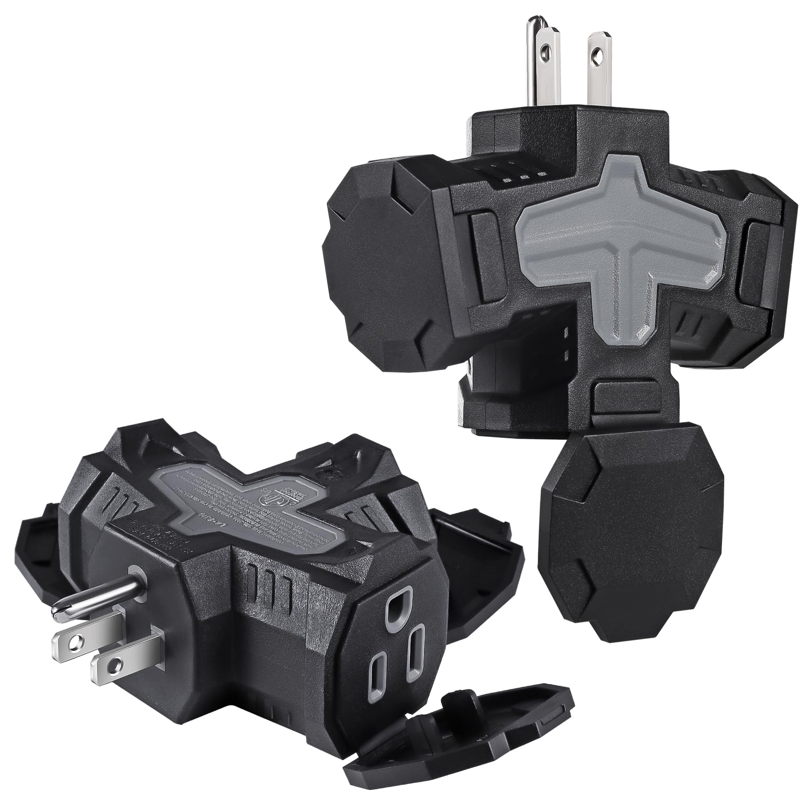 Photo 1 of FiiMan 3-Prong Grounded Indoor Outdoor Wall Adapter, ETL Listed Outlet Splitter, Weatherproof Heavy Duty Multi Power Plug Extender With Protective Cover, Black (2 Pack)
