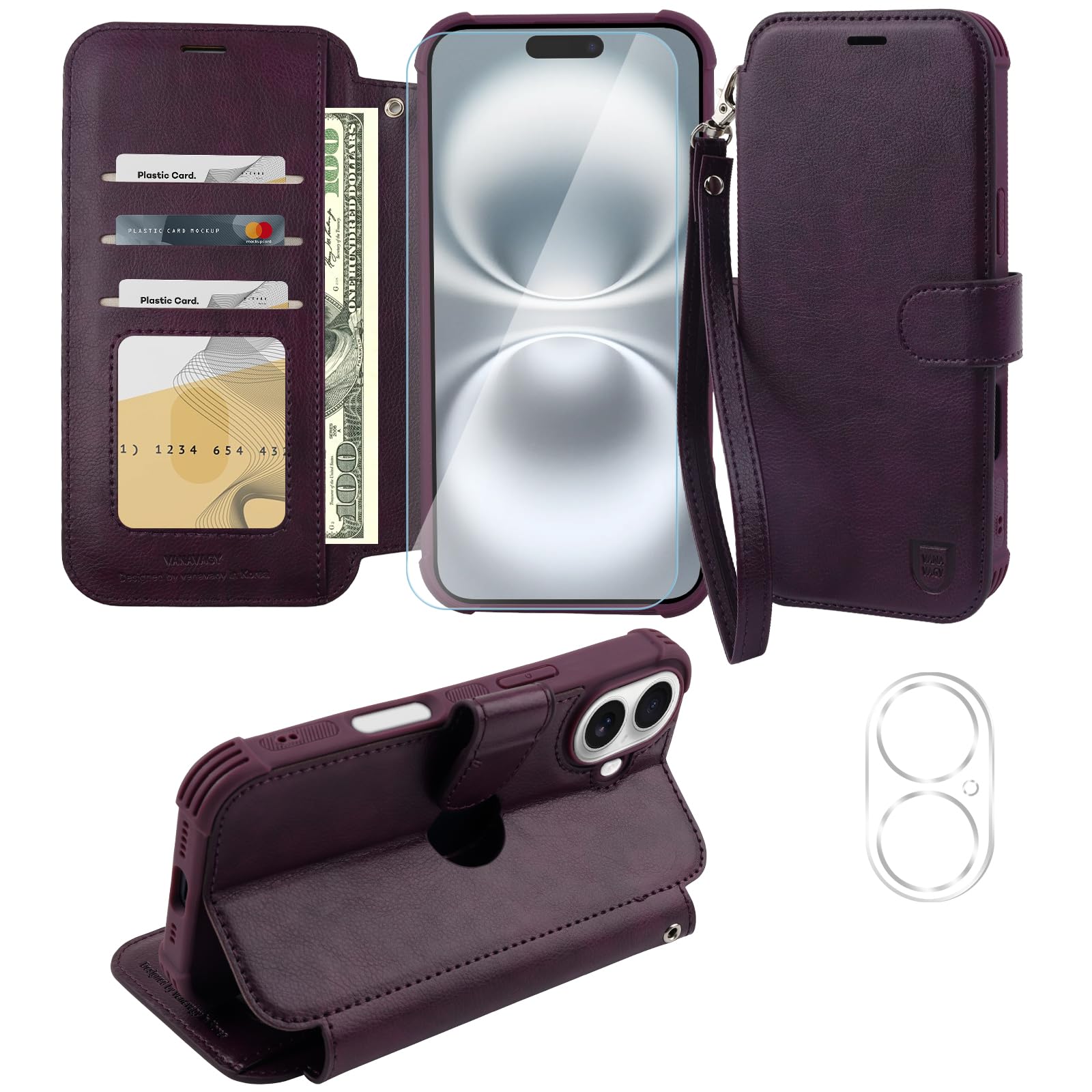 VANAVAGY Compatible for iPhone 16 Plus Wallet Case, 12ft Drop Protection, RFID Blocking PU Leather Flip Cover, Card Holder & Kickstand, Shockproof Phone Case for 16 Plus-6.7 Inch,Purple