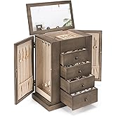 Emfogo Jewelry Box for Women, 5 Layer Large Wood Jewelry Boxes & Organizers for Necklaces Earrings Rings Bracelets, Rustic Jewelry Organizer Box with Drawers and Mirror(Weathered Gray)