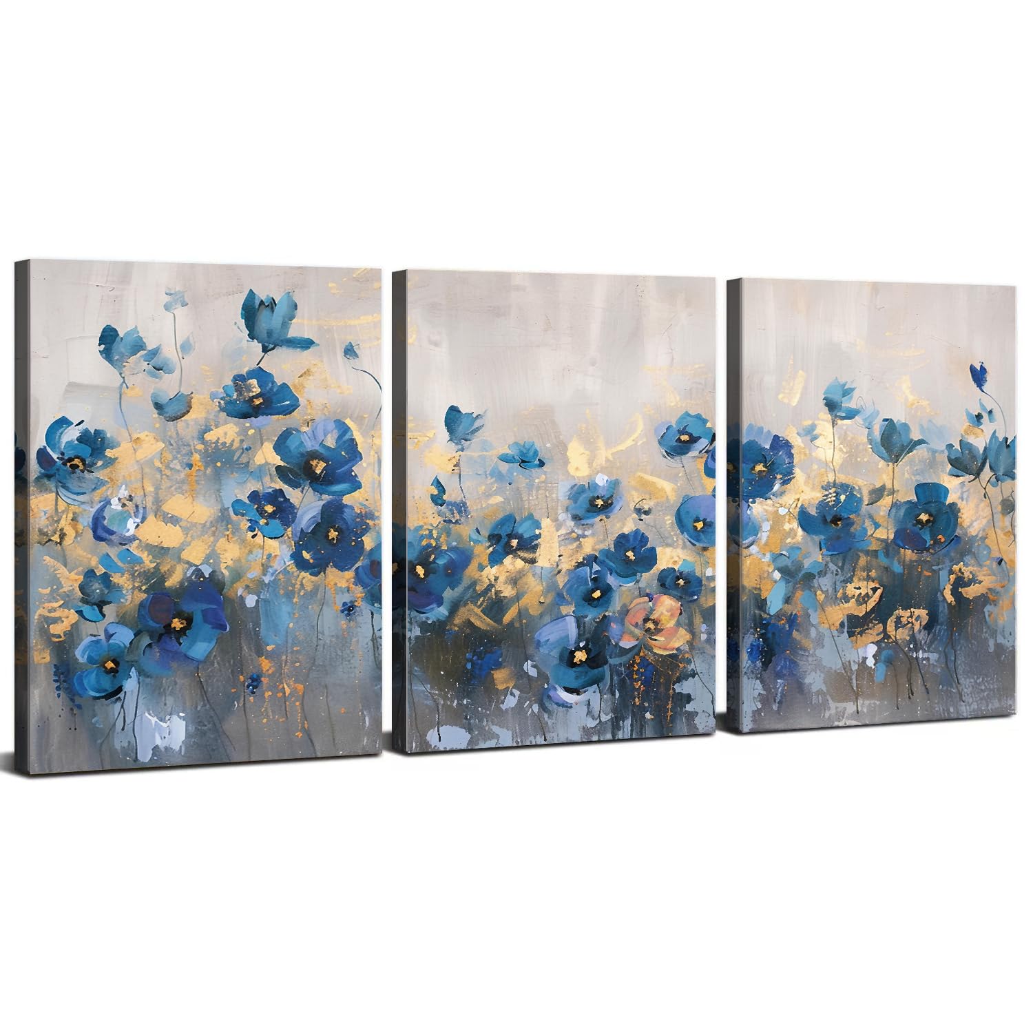 Blue Flower Wall Art Abstract Navy Blue and Gold Floral Wall Decor Blue ...