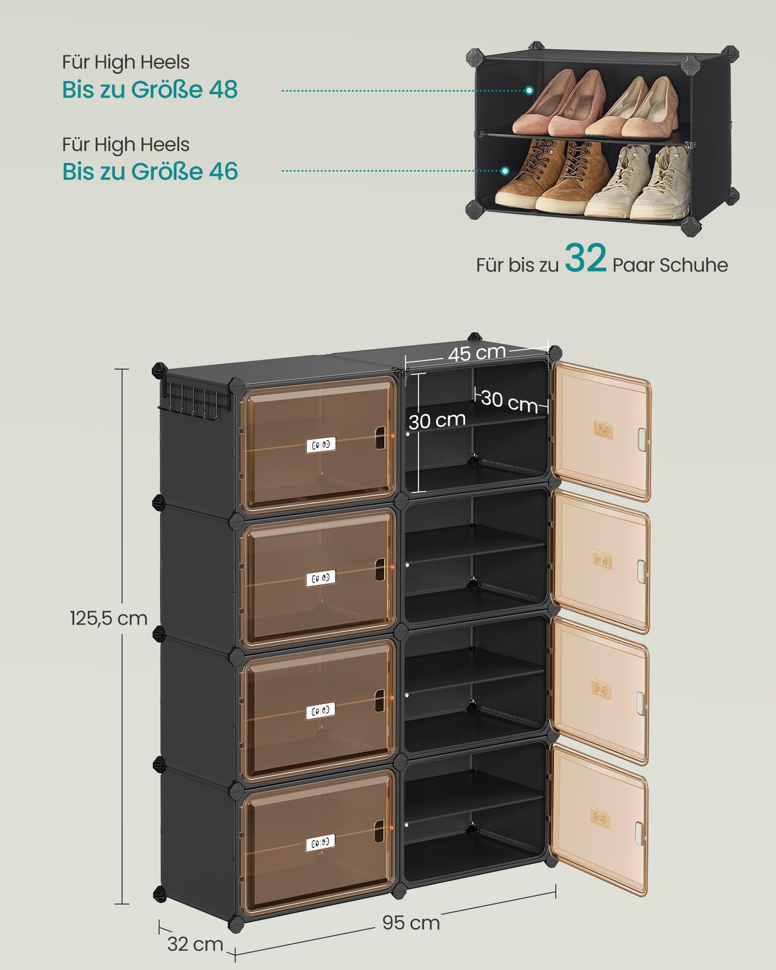 SONGMICS Schuhregal mit 8 Fächern, Schuhschrank, 30 x 45 x 30 cm pro Fach, durchsichtige Tür, Metallrahmen, für 32 Paar Schuhe, Flur, Schlafzimmer, tintenschwarz-transparentes Braun LPC054BH01 3