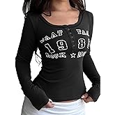 Women Long Sleeve Shirts Henley T-Shirts Ribbed Graphic Crop Tops Cute Tee Going Out