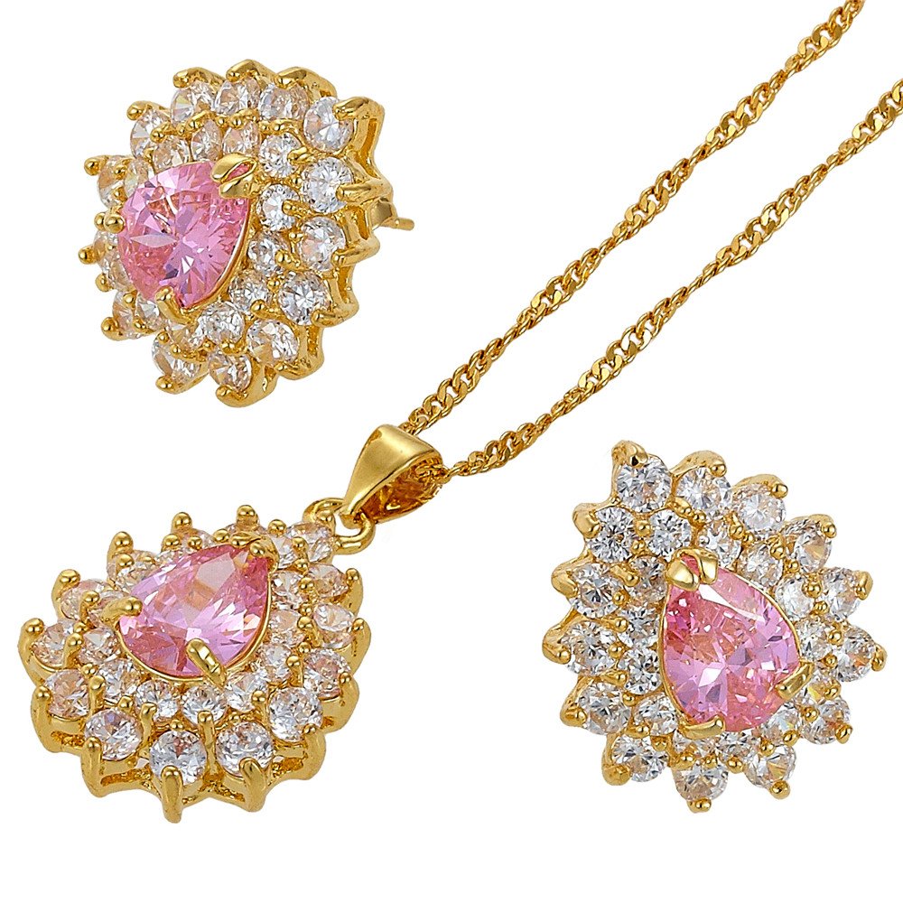 RIZILIA Teardrop Jewellery Set Pendant with 18" Chain & Stud Earrings Pear Cut Gemstones CZ [Pink Sapphire] in 18K Yellow Gold Plated, Simple Modern Elegance
