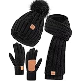 Womens Beanie Hat Scarf Gloves Set, Soft Fleece Lined Winter Hat with Pom Pom, Long Knit Scarf Neck Warmer Touchscreen Gloves for Cold Weather, 3 in 1 Warm Set(F02) Black