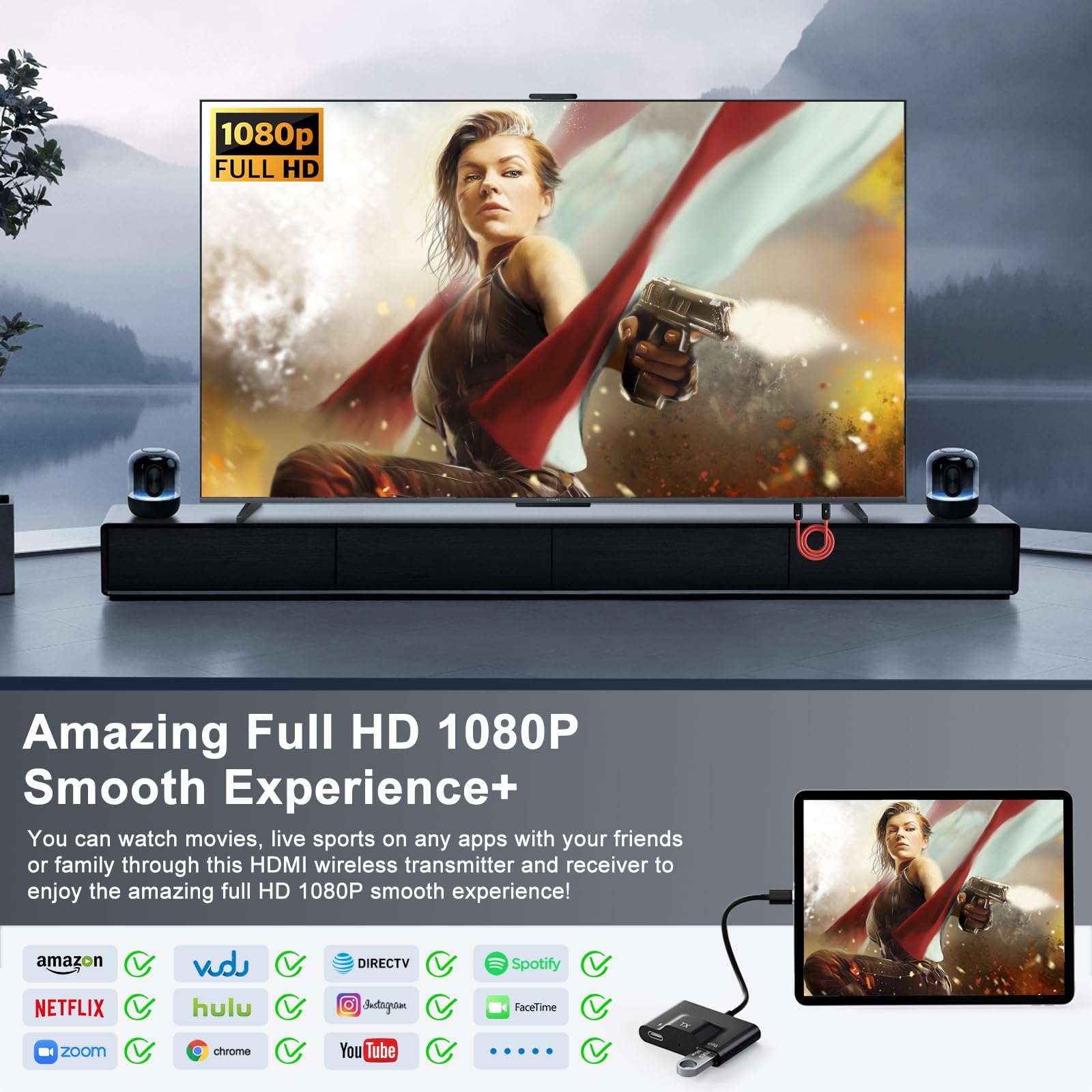 Wireless HDMI Transmitter and Receiver, Portable USB C to HDMI Wireless Sender Kit, Mirroring Small Screens to Big Screens, Supports Projecting YouTube/Netflix/Hulu and more Streaming, Plug and Play