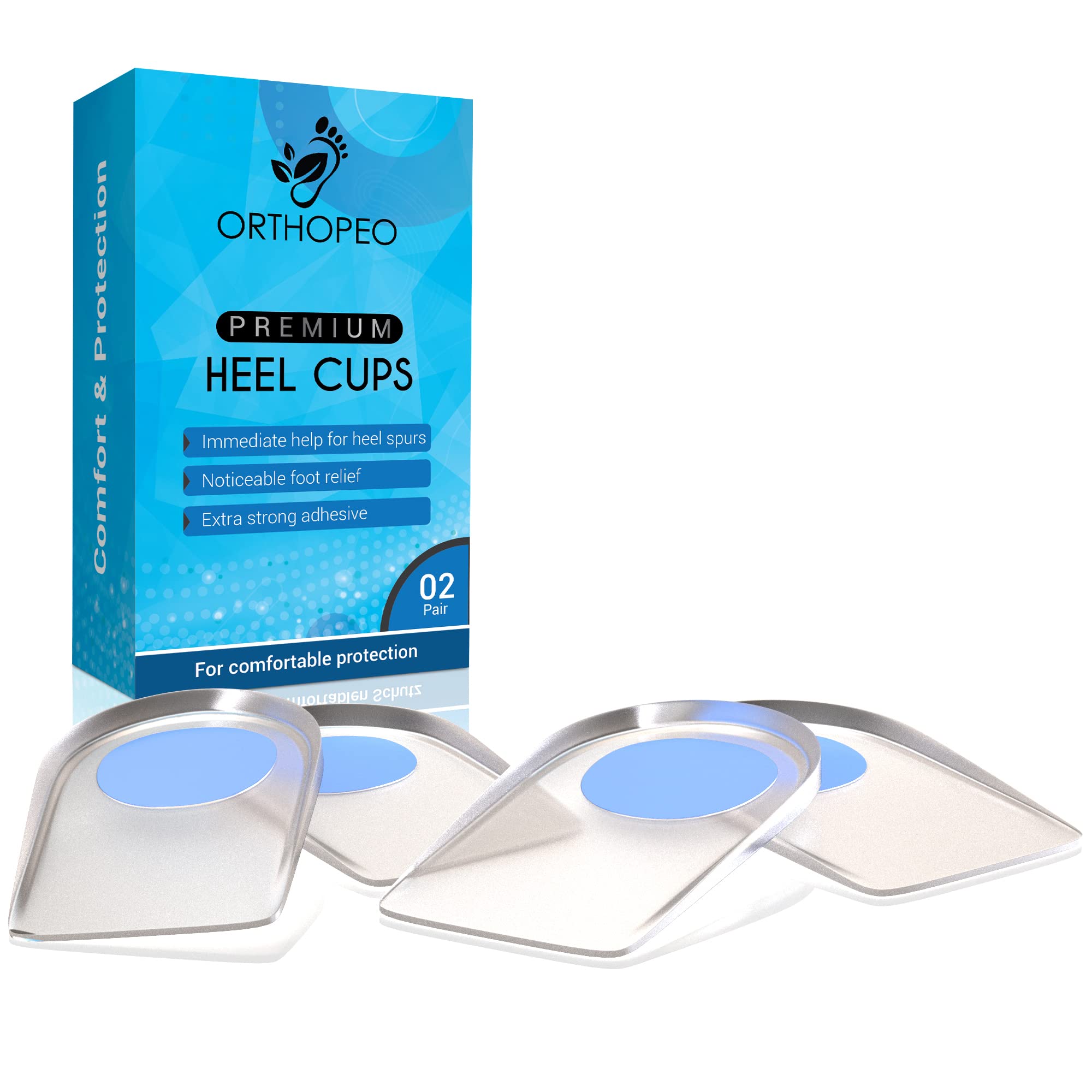 ORTHOPEO© Premium Heel Plantar Fasciitis Pads Inserts - Silicone Gel Support Men for Feet Spurs 2 Pair - Reusable Insole Cups. Length 10.8 cm, Width 7 cm