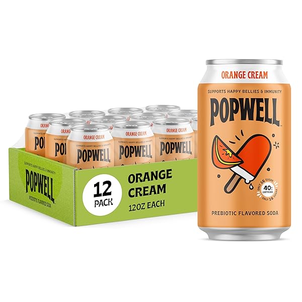 POPWELL ORANGE CREAM CAFFEINATED BETTER-FOR-YOU PREBIOTIC SODA, WITH...