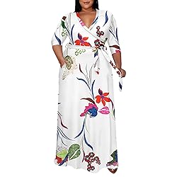 Runwind Plus Size wrap Dress Sexy 3/4 Sleeve V Neck