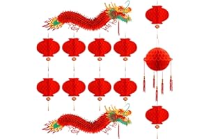 Cokacot 2PCS 3D New Year Dragon Garland Decoration with Ball & 10PCS Red Plastic Lanterns Chinese New Year Decoration Home Ceiling Hanging Ornaments