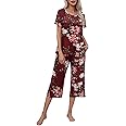 Ekouaer Women's Pajamas Set Short Sleeve Top With Capri Pants Pjs Lounge & Sleepwear Set S_XXL