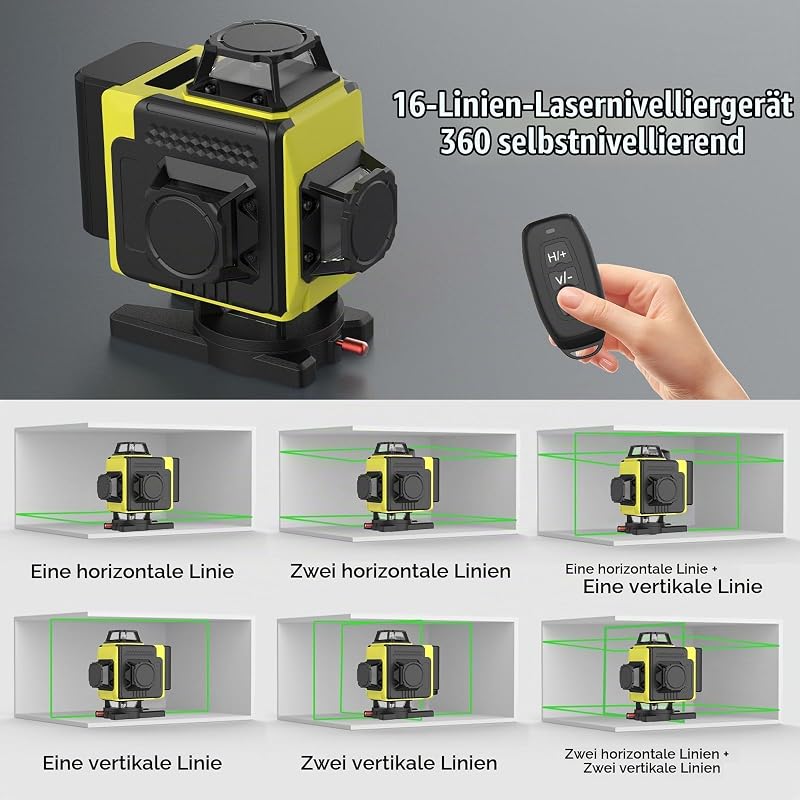 Kreuzlinienlaser 16-Linien, 4x360 Grad Grün Selbstnivellierend Laser Wasserwaage mit 2xBatterien 4D-Laser Baulaser linienlaser kreuzlaser mit 16 Linien/Fernbedienung/IP54 Wasser (Ohne Ständer)