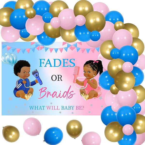 Funmemoir Fades Or Braids Gender Reveal Party Kit – Backdrop, Banner, Cake Topper, Balloons, Cupcake Toppers - View #10