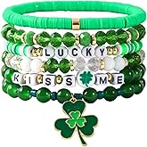 WCRAZYE St.Patrick's Day Bracelets for Women Girls Handmade Irish Lucky Leaf Shamrock Charm Heshi Bracelet Green Beaded Stretch Bracelet Set Jewelry Gifts