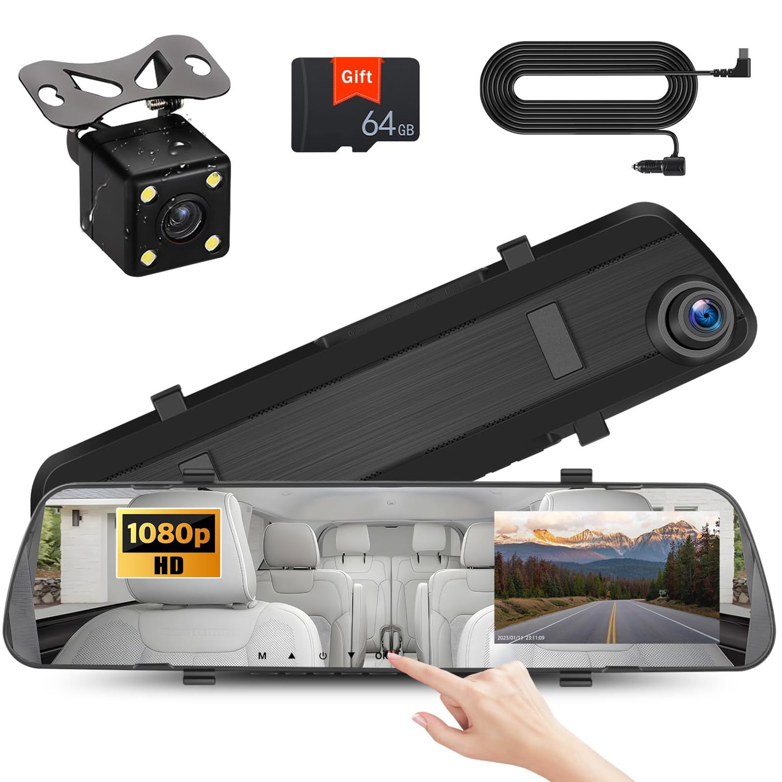 Photo 1 of UNITOPSCI Mirror Dash Cam 4 Inch Rear View Mirror Camera 1080P Front and Rear View Dual Cameras with 64G Card, Motion Detection, Night Vision, Parking Assistance, Loop Recording, 24H Parking Monitor