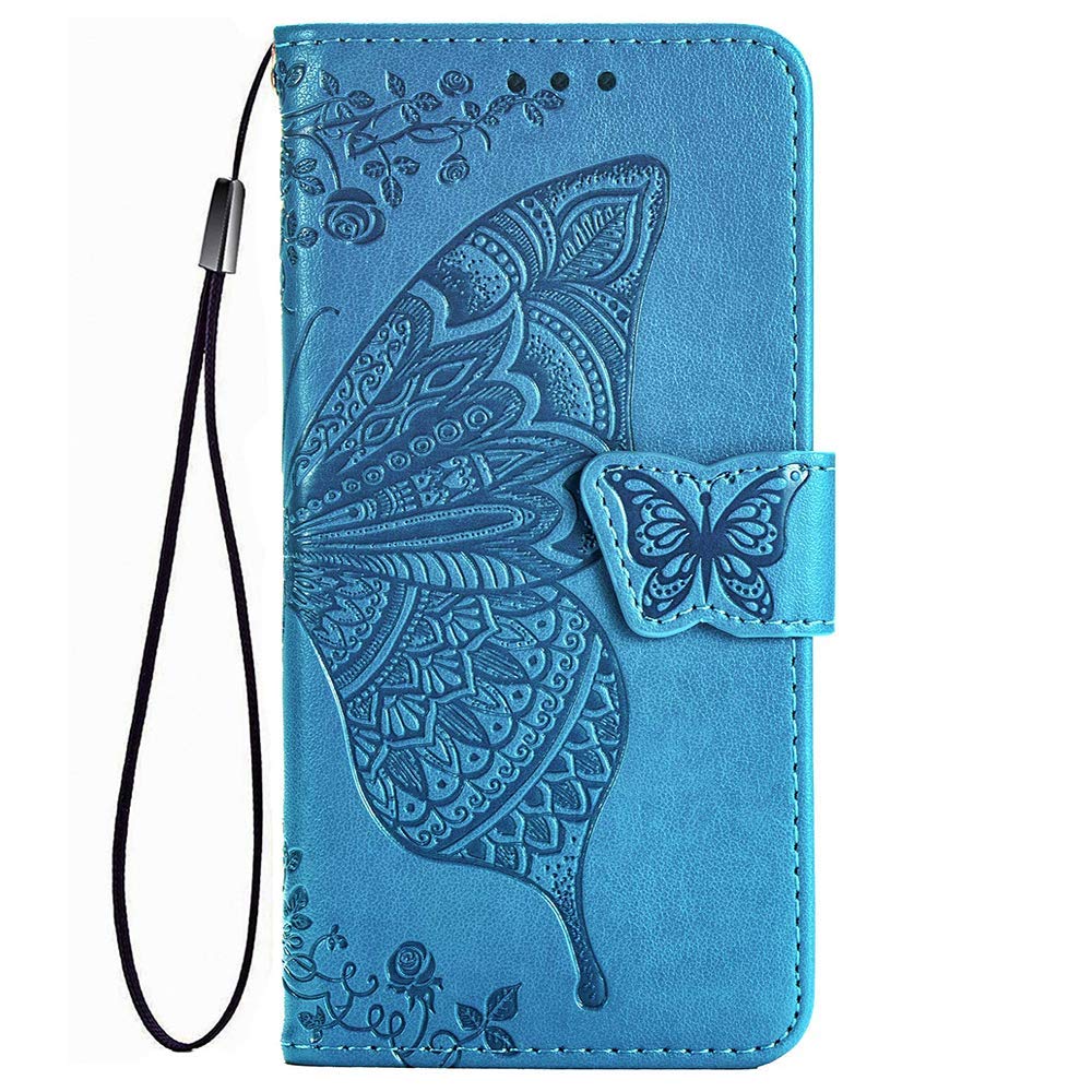 TANYO Case for Samsung Galaxy A21s, PU/TPU Flip Leather Wallet Cover, Premium 3D Butterfly Phone Shell with Cash & Card Slots Blue
