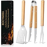 Heavy-Duty Grill Accessories BBQ Tool Sets Multi Functional Spatula with Knife Edge, Fork,Tongs, Bottle Opener Ash Wood Handle & Thick Stainless Steel Essential Accessories for Barbecue & Grill