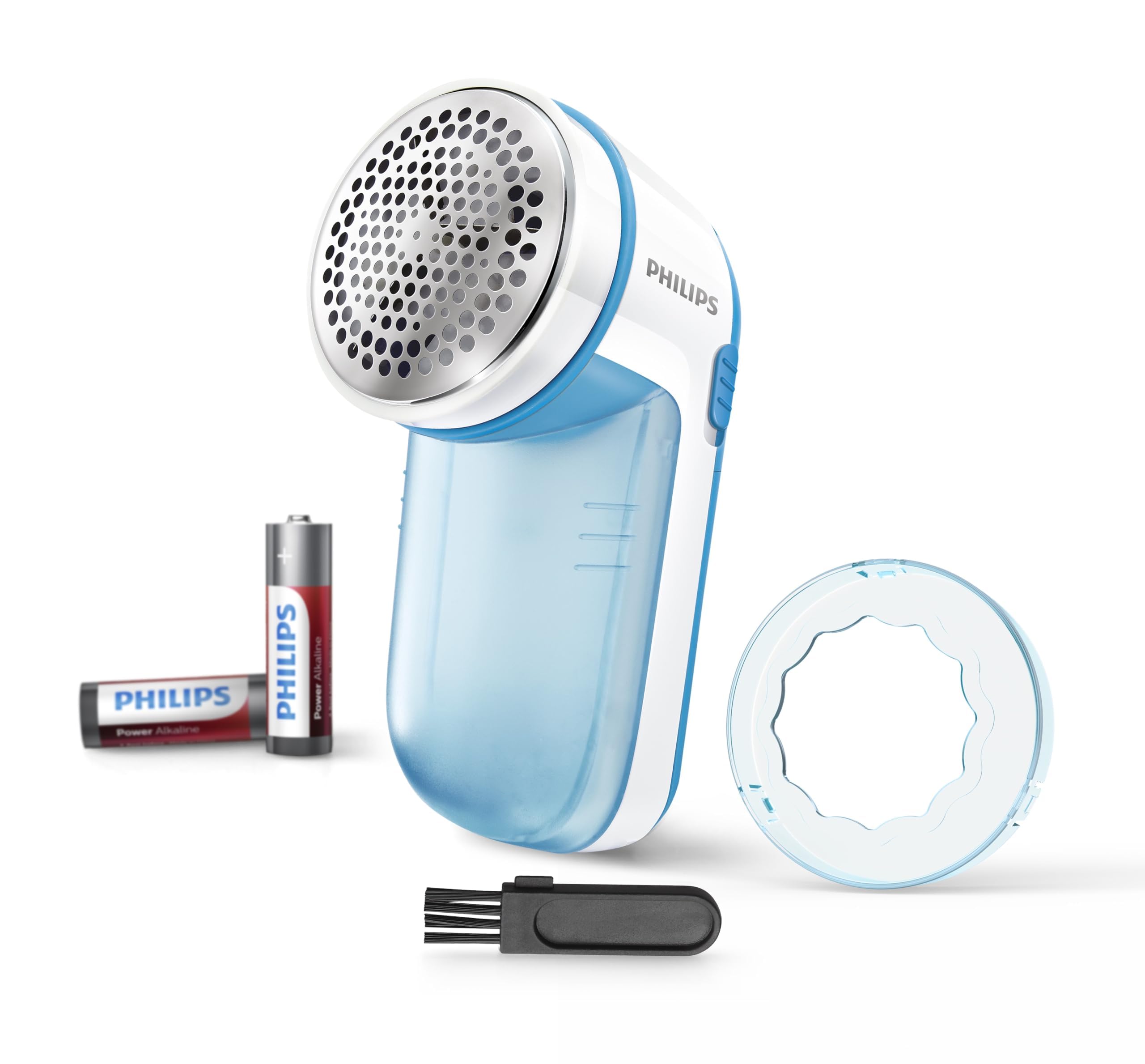 Photo 1 of Philips Fabric Shaver, Removes Fabric Pills, Suitable for All Garments, Large Blade Surface, Cleaning Brush, Includes Batteries, Blue (GC026/00)
