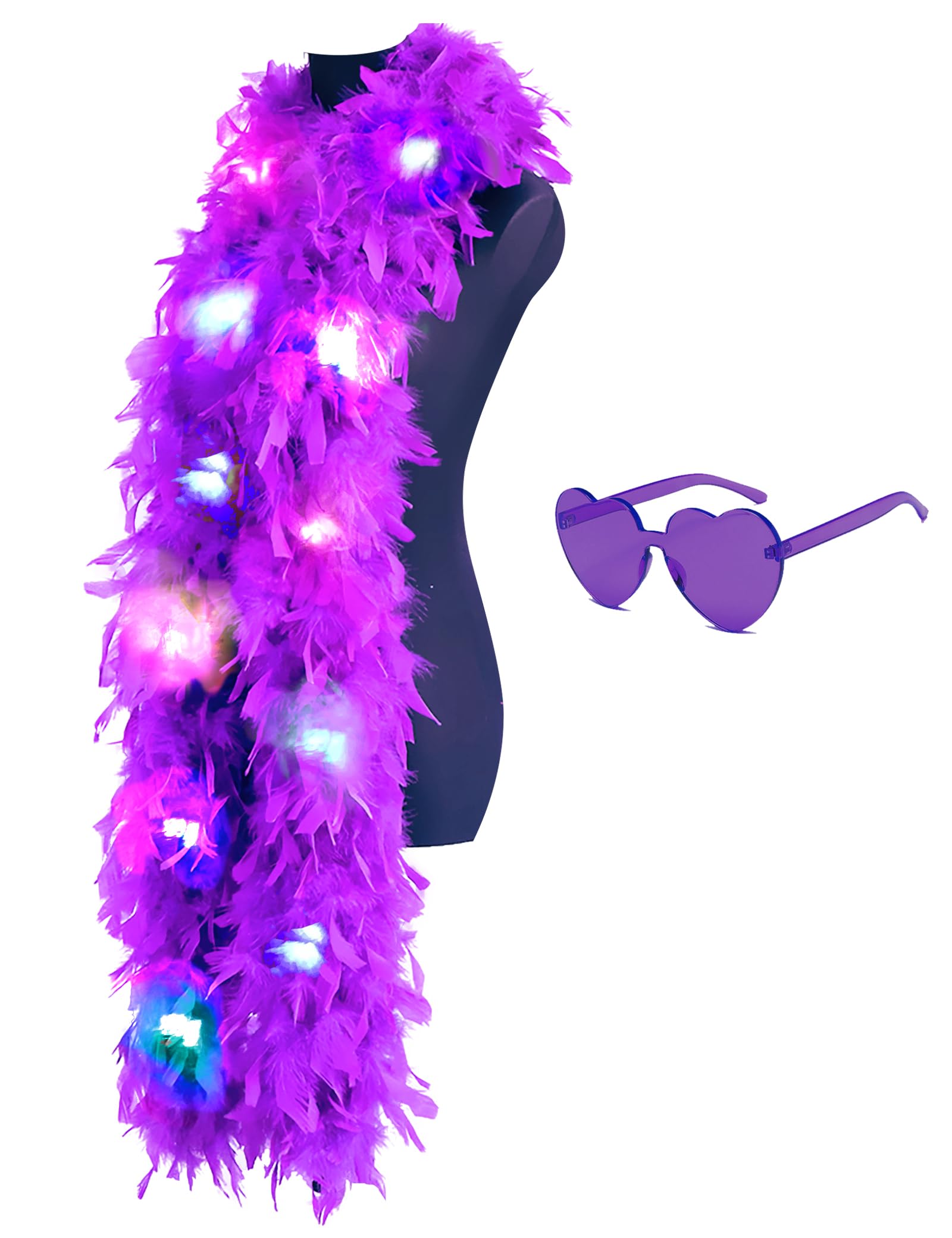 Colorful Feather Boas, 6.6ft Boa with 20 Color LED Lights for Women for Dancing Wedding Party Halloween, with Heart Sunglasses (Purple)