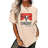 Cowboy Shirts for Women Western Vintage Rodeo T-Shirt Retro Bull Skull Graphic Tees Summer Casual Short Sleeve Tops