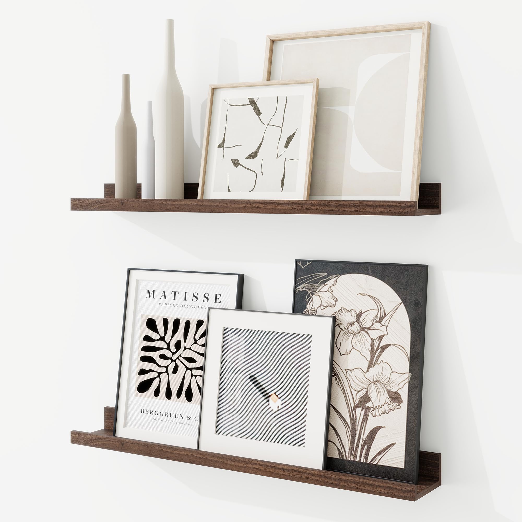 RICHFOCUS Picture Ledge Shelf, 24 inch Floating Shelves Set of 2, Wood Wall Shelves with Lip, Wall Decor Storage for Bedroom Living Room Bathroom Kitchen Nursery Photo Picture, Walnut