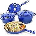 Hisencn Enameled Cast Iron Cookware Set - 7 Piece Set of Dutch Ovens, Sauce Pan, Skillet, 3 Lids, Dutch Oven Set, Ceramic Coated Cast Iron, Heavy Duty, Gas/Induction Compatible, PFA Free, Cobalt Blue