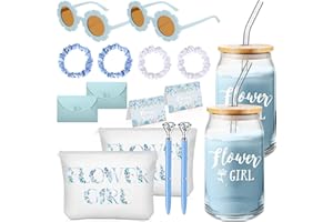 Meanplan 16 Pcs Be My Flower Girl Proposal Gifts Set Flower Girl Tumbler with Straws Makeup Bag Sunglasses Hair Ring Diamond Pen Envelope Card for Wedding Bridal Shower(Blue Series)