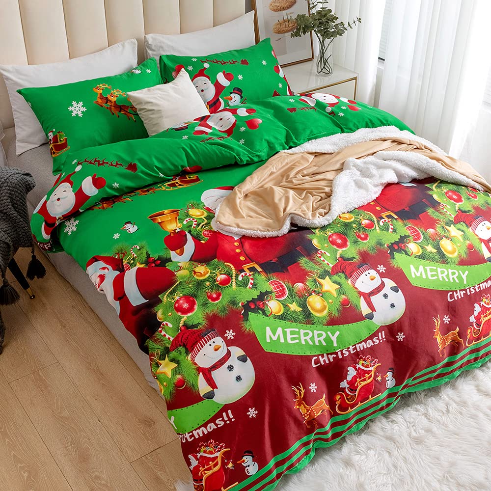 Christmas Royal Santa Claus Merry Xmas Kitty Duvet Quilt Cover & Pillowcase Bedding Set Multi-Colour Snowman Presents Set Ultra Soft Easy Care, Modern Design (King, Merry Santa)
