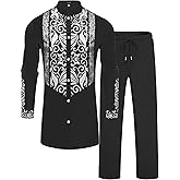 ZSJR Mens African 2 Piece Sets Dashiki Metallic Traditional Suit Gold Stamp Printed Shirt and Pants Outfit