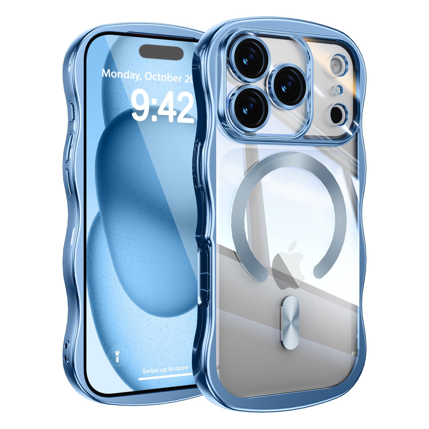 UEEBAI for iPhone 17 Pro Max Case, Cute Wave Frame Magnetic Phone Case Compatible with Magsafe Full Camera Protection Cover Soft Electroplated Phone Cover for Women Girls - Blue