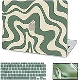 AKIT Compatible with MacBook Air 13 Inch Case M1 2022 2021 2020 2019 2018 A2337 A2179 A1932, Unique Pattern Hard Shell Laptop Case+Screen Protector+Keyboard Cover for MacBook Air 13.3 Inch, Green Wave