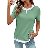 SHEWIN Womens Tops Casual Crewneck Color Block Short Sleeve Mock Double Layer T-Shirt Summer Outfits for Women 2026