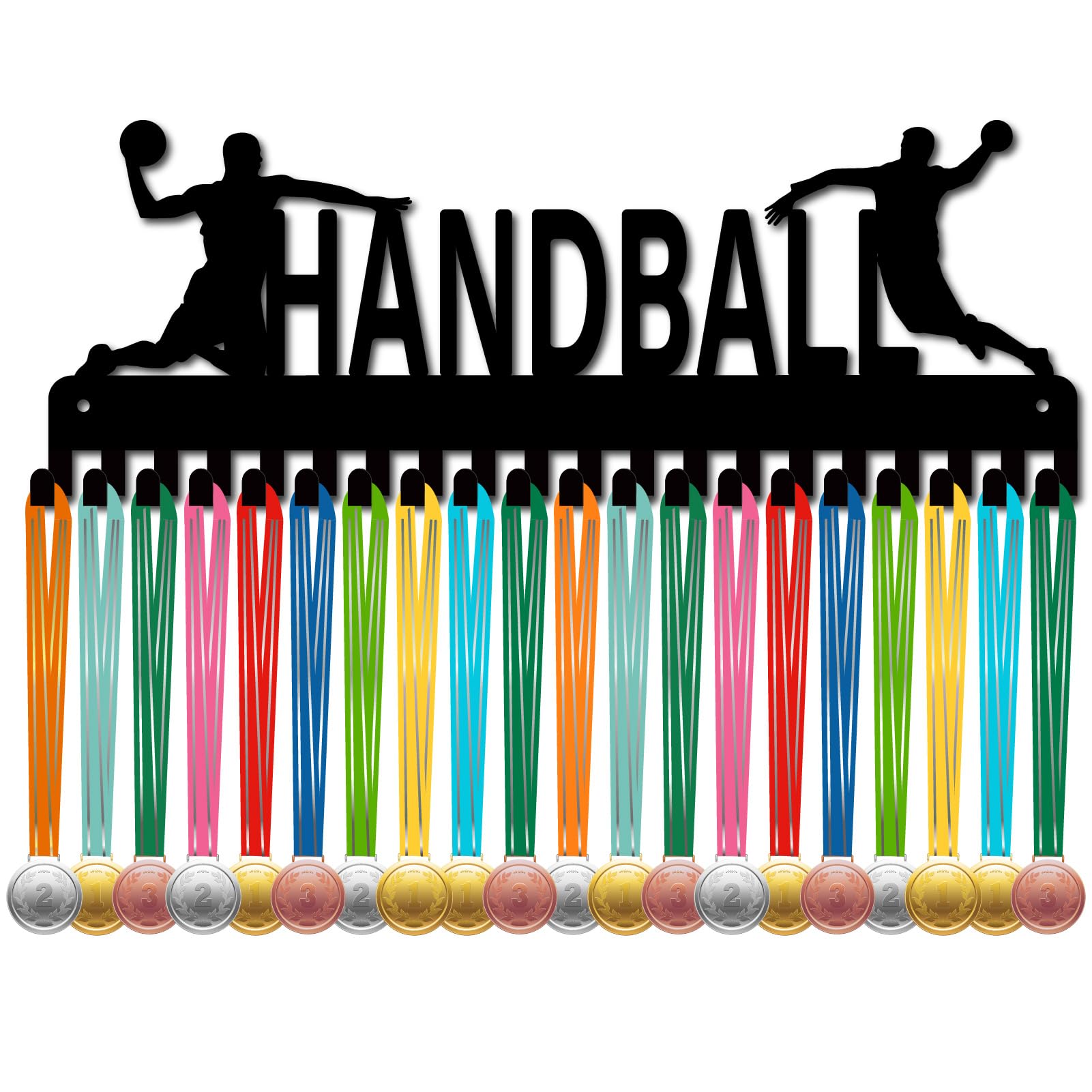 CREATCABIN Handball Medal Hanger Sports Medal Holder Display Award Lanyard Ribbons Organizer with Hooks Metal Black Rack Mounted for Wall Hanging 20+ Medals Sport Race Gifts Soccer Players Athletes