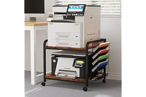 EasyCom 24"x20" Large Printer Stand with Hanging File Holder Organizer, Adjustable Height Shelf with Wheels, Under Desk Table with Storage for Printer Scanner Fax Home Office Use Rustic Brown