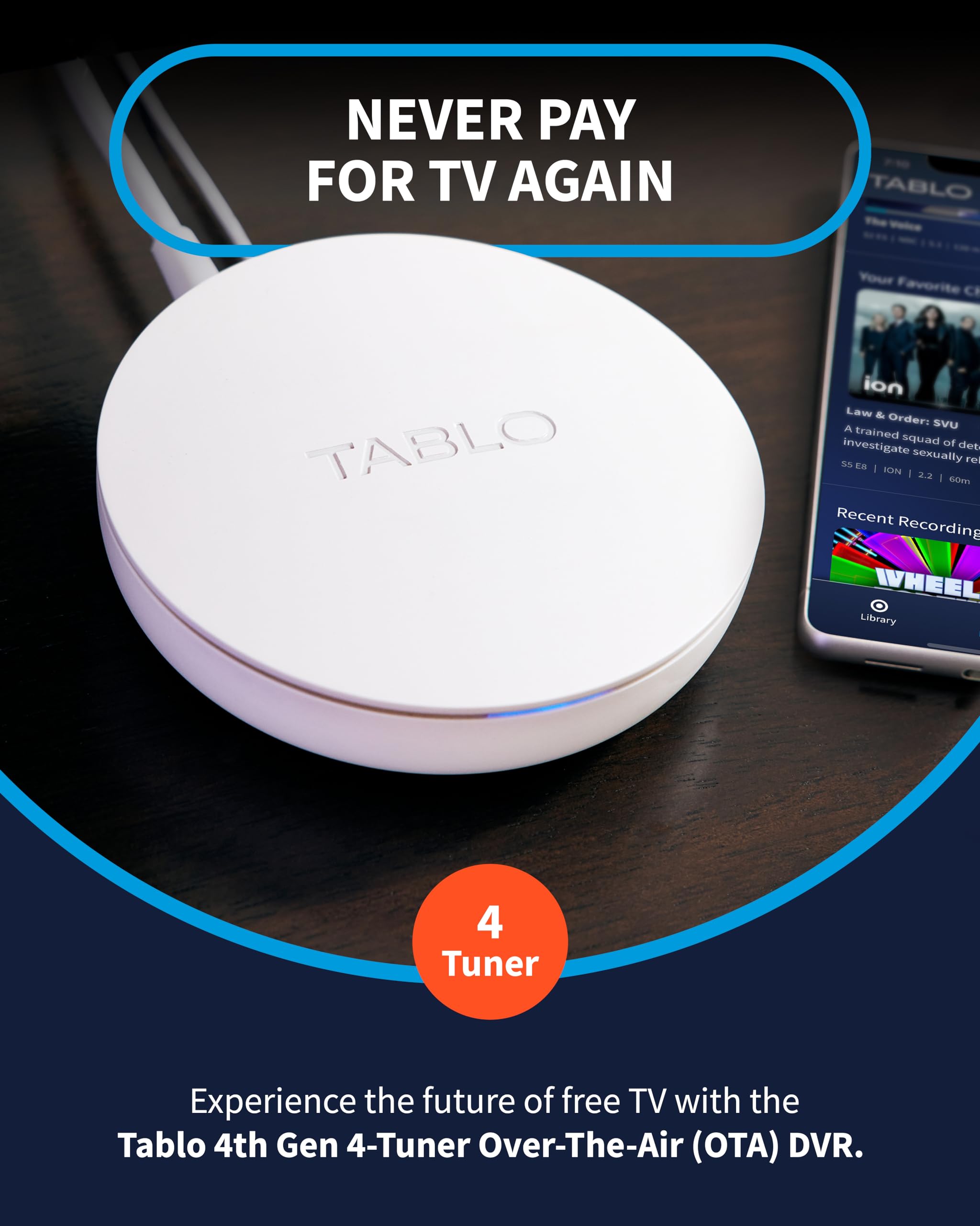 Tablo TV 4th Gen 4-Tuner Over-The-Air (OTA) DVR - Watch, Pause & Record Live TV, News, Sports & Movies Throughout Your Home Over Wi-Fi - Pairs w/Any TV Antenna - 50+ Hrs Recording - No Subscriptions