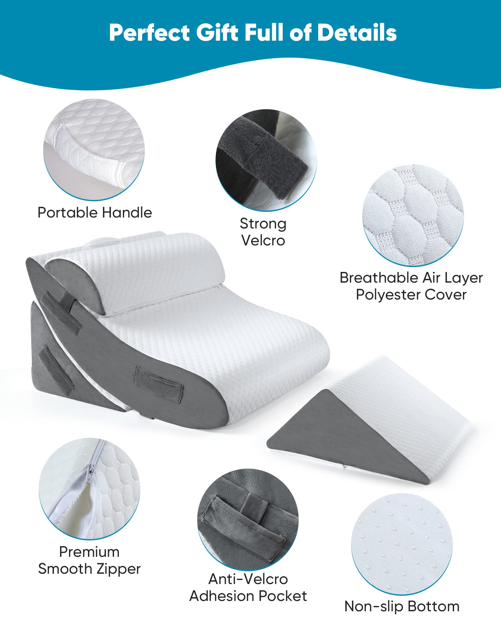 Forias Orthopedic Bed Wedge Pillow Set, 4PCS Wedge Pillow Set for After Surgery, Adjustable Wedge Pillow Set for Acid Reflux Back Pain Relief Post Surgery Snoring Sleep Apnea, Legs Neck Knee Support
