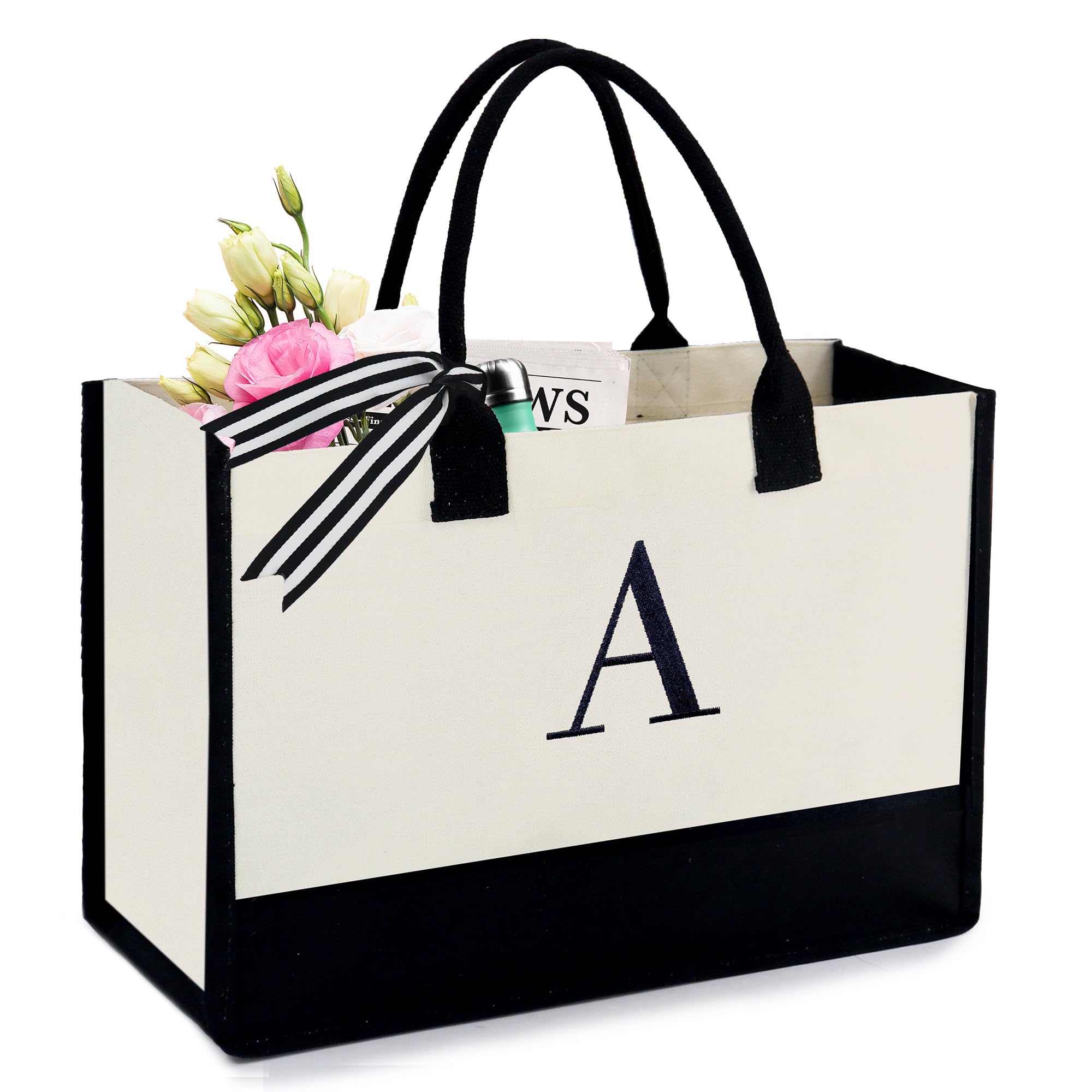 Photo 1 of BeeGreen Embroidery Monogram Canvas Tote Bag Personalized Gifts Bags for Birthday Beach Work Wedding Gift Basket for Women Teacher Mom Friend Coworkers Sister Nurse Cute Initial Totes Cool (Letter A)