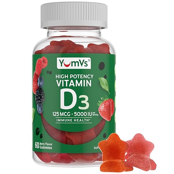 YUM-V’S VITAMIN D3 JELLIES, VITAMIN D 5000 IU, DAILY DIETARY SUPPLEMENT, MIXED BERRY FLAVOR CHEWABLE JELLIES, VEGETARIAN, GLUTEN-FREE AND KOSHER HALAL – 60 COUNT
