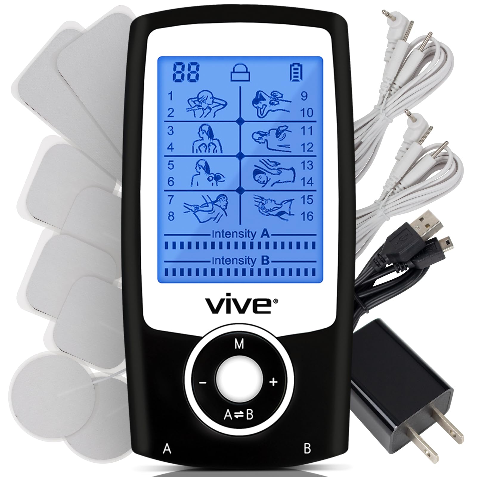Vive Dual Channel TENS Unit - STIM Tens Unit for Muscle Stimulation - Electrotherapy Muscle Stimulator with Electrode Pads