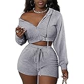 LovelyWholesale Women 2 Piece Outfits Long Sleeve Crop Zipper Hoodie and Shorts Tracksuit Set