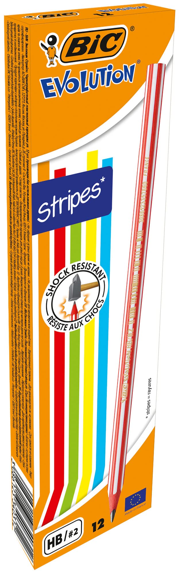 BIC Evolution Graphite Pencils - Box of 12 - HB Lead with Colourful Striped Design - Wood-Free and Splinter-Proof, Yellow,Green,Pink,Red,Black