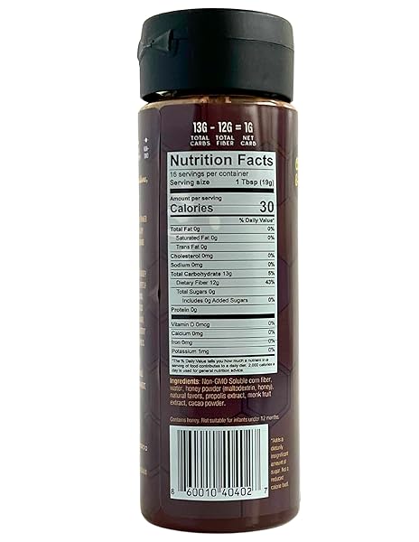 CHICK & ROO ZERO SUGAR HONEY SUBSTITUTE – CLASSIC FLAVOR: NATURALLY ENRICHED WITH HONEY & PROPOLIS, SUGAR FREE, PREBIOTIC FIBER, LOW CARB, NON-GMO, GLUTEN-FREE, (1 BOTTLE, 10.5 FL OZ) (CACAO)