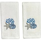 Serafina Home Summer Soft Absorbent Bathroom Coastal Guest Embroidered Fingertip Towels: Sealife Shell Starfish Coral Design, 2 Piece 12" x 18" Inches (Antigua Tip)
