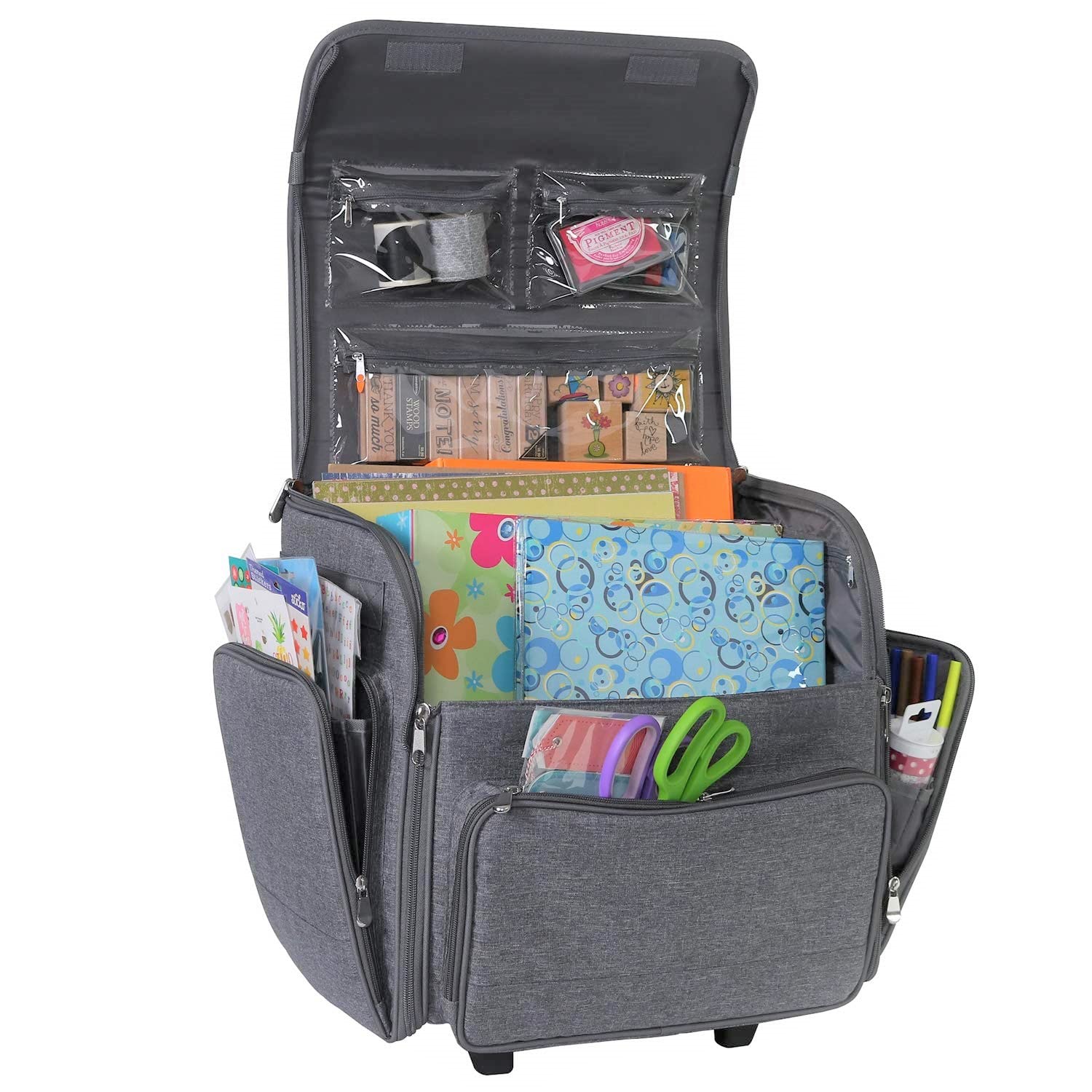 Everything Mary Deluxe Rolling Craft Case, Heather - Scrapbook Tote Bag w/Wheels for Scrapbooking & Art - Travel Organizer Storage for IRIS Boxes - for Teachers & Medical